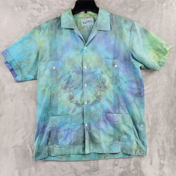 Vintage Cubana Guayabera Shirt‎ Size 40 Large Tie-dye 4 Pockets Button Up Beach - Picture 1 of 9
